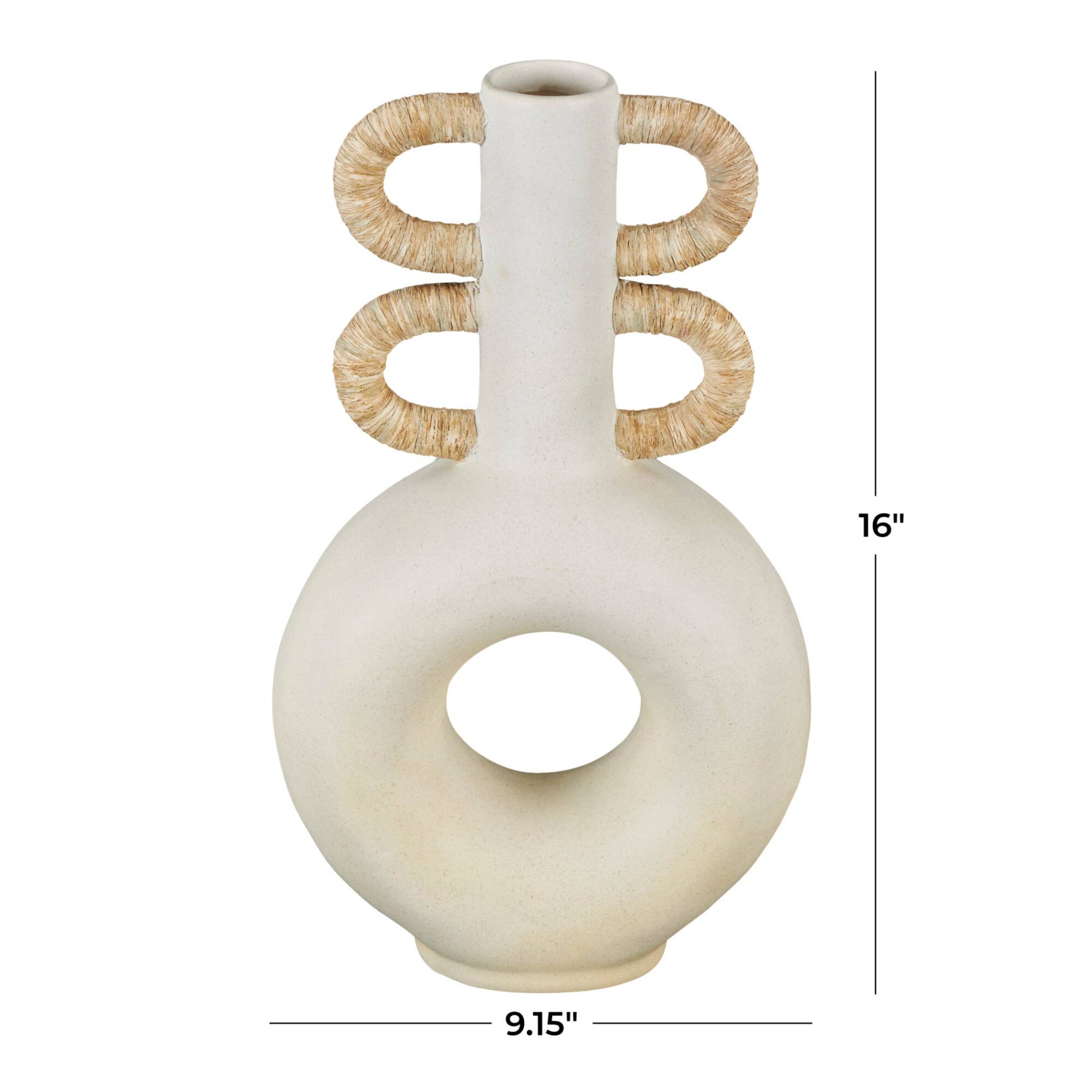 16" Cream Round Speckled Vase with Woven Inspired Arched Handles & Cutout Opening